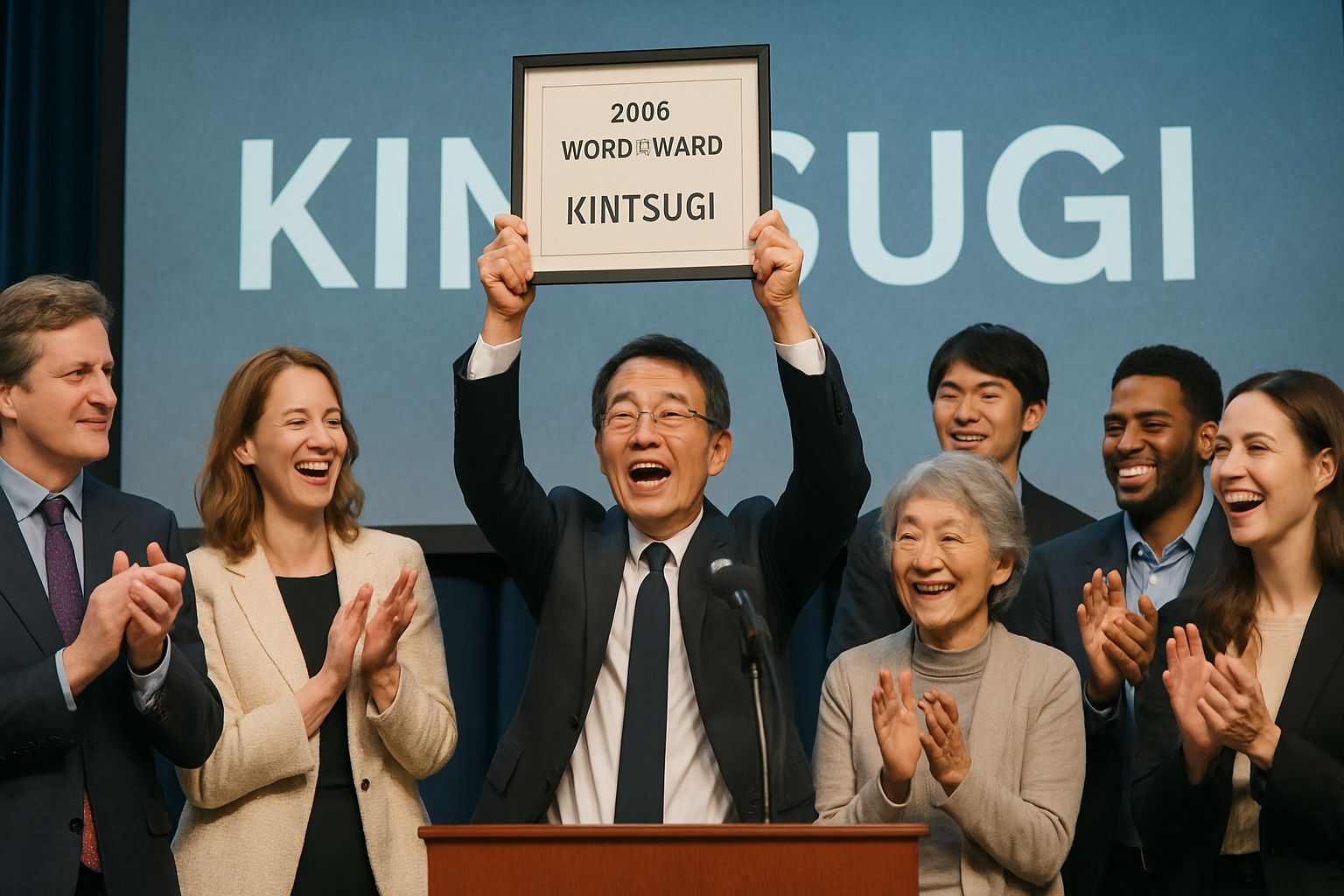 Diverse group celebrates the 2025 Word Award for kintsugi at ceremony.