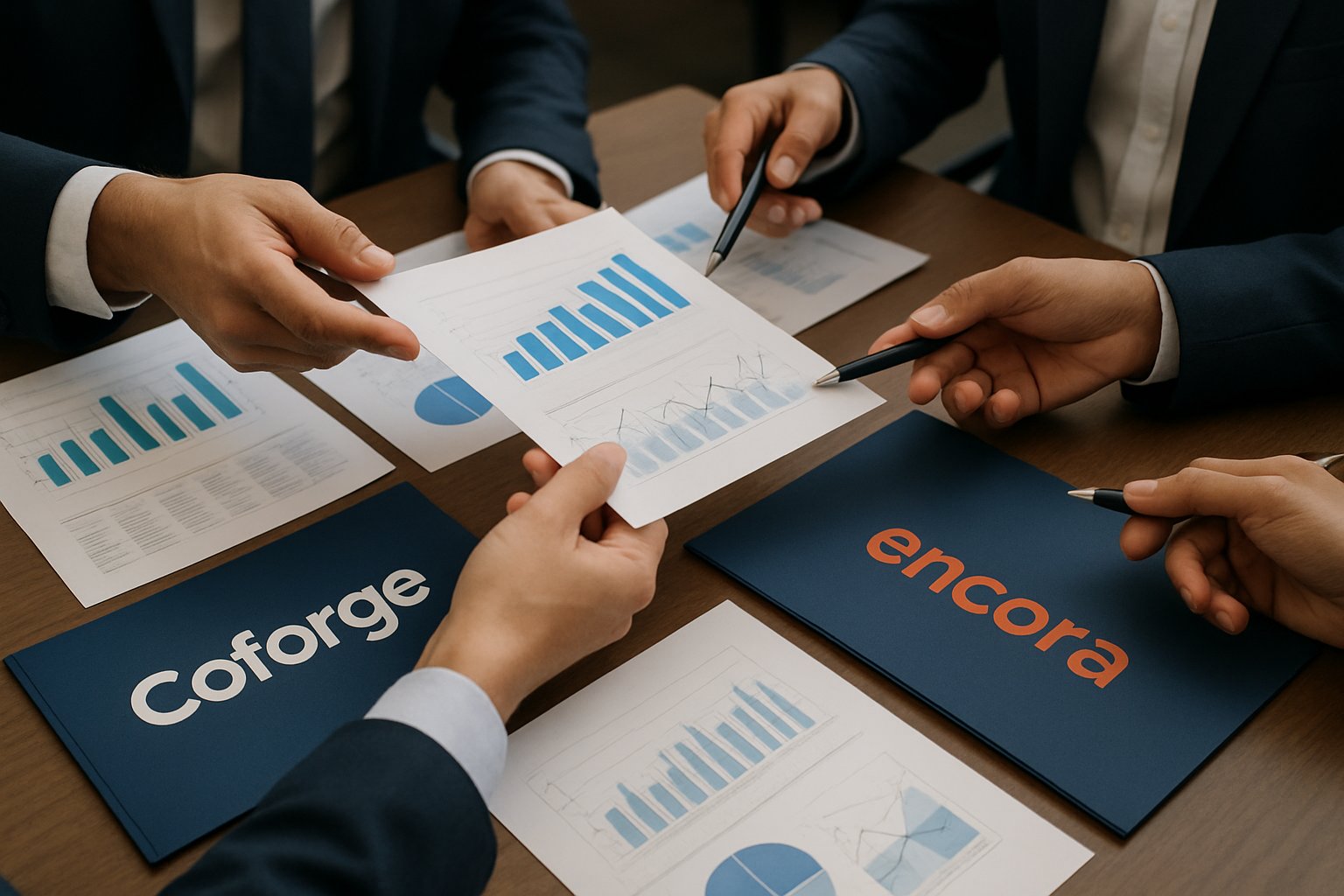 Coforge Encora acquisition financial documents on meeting table