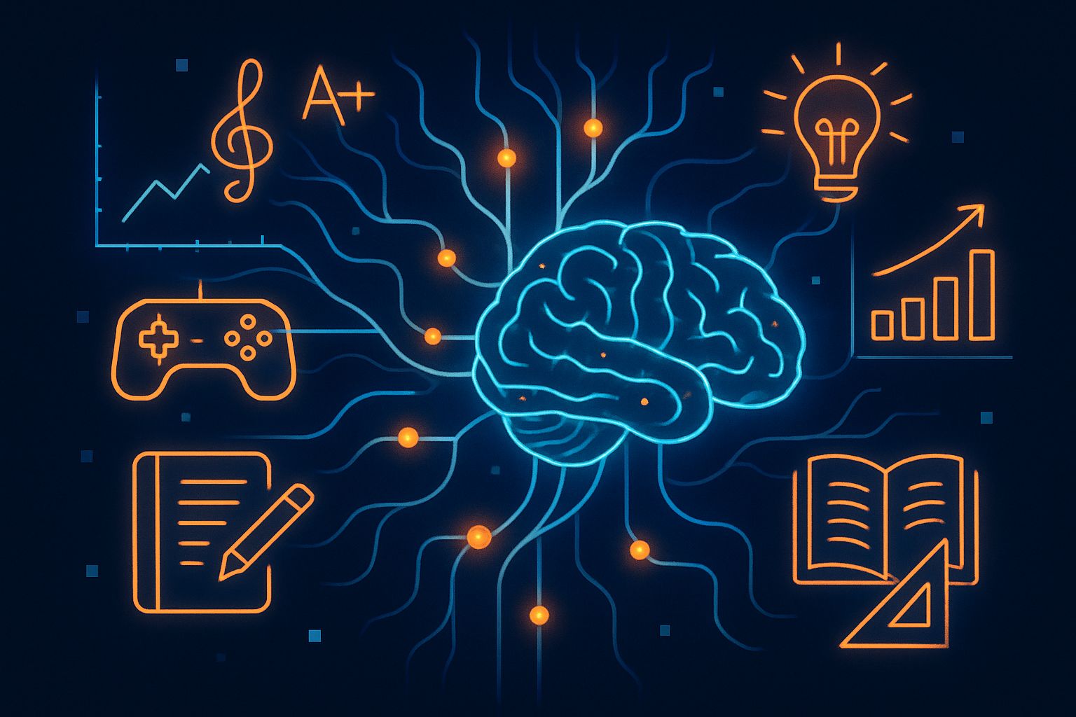 EdTech AI neural network adapting educational game content shown with symbolic graphics.