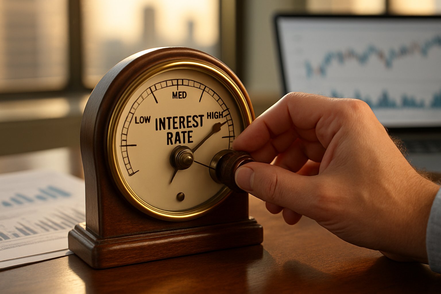 Hand adjusts interest rate indicator representing Fed Rate changes