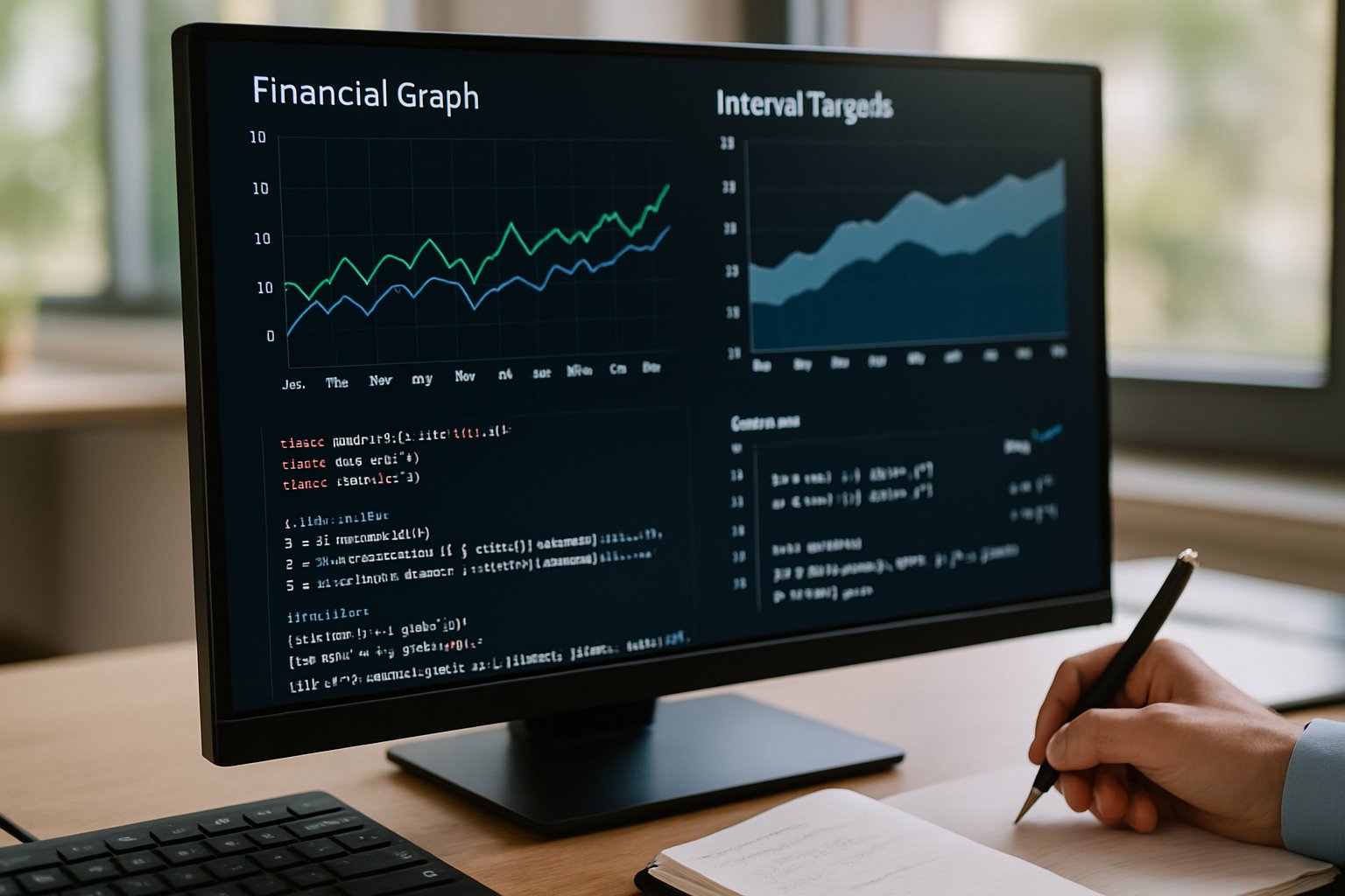 Financial Modeling with Bloomberg AI graphs and code on computer screen.