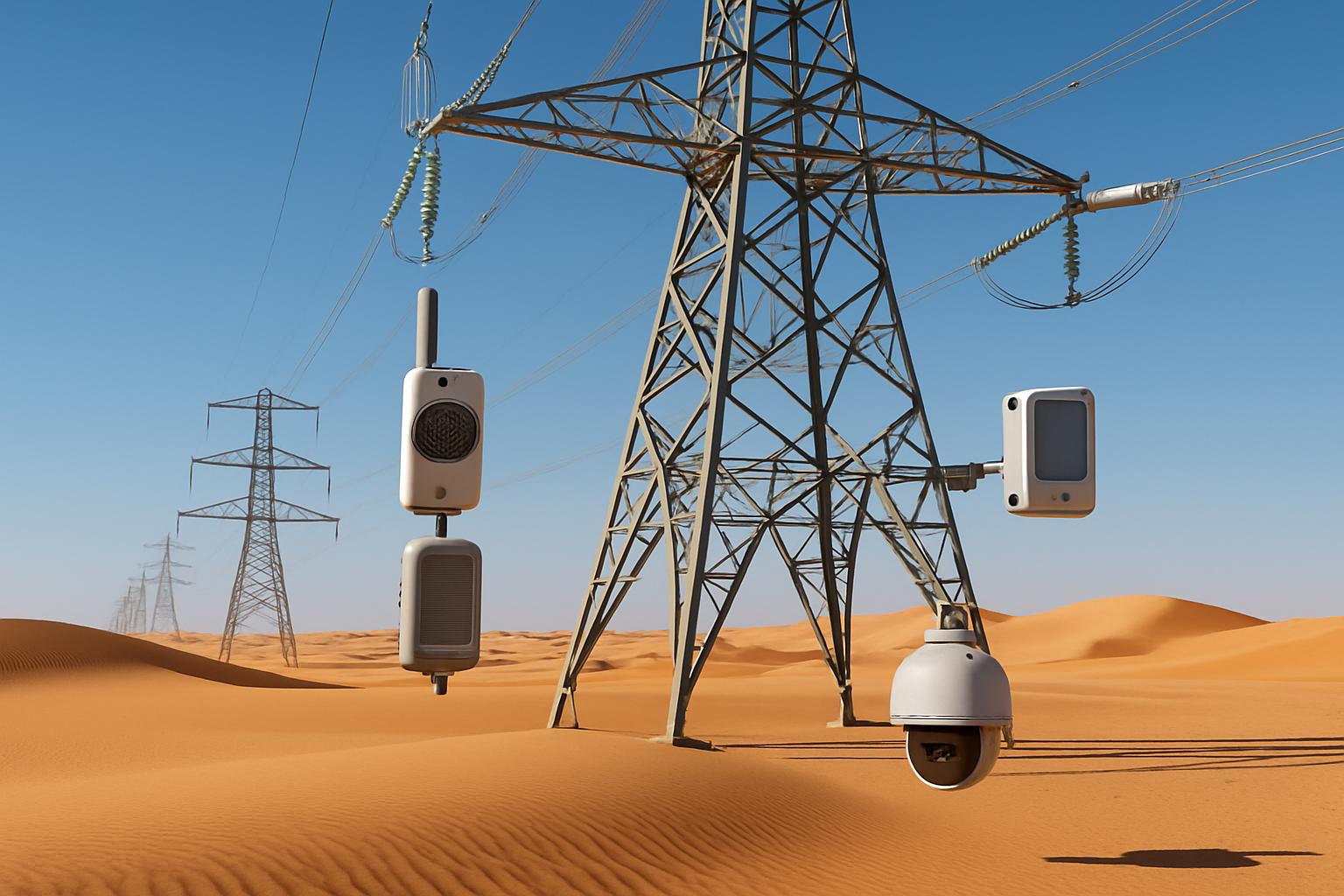 Transmission lines with monitoring devices showcase Grid Modernization in Saudi Arabia.