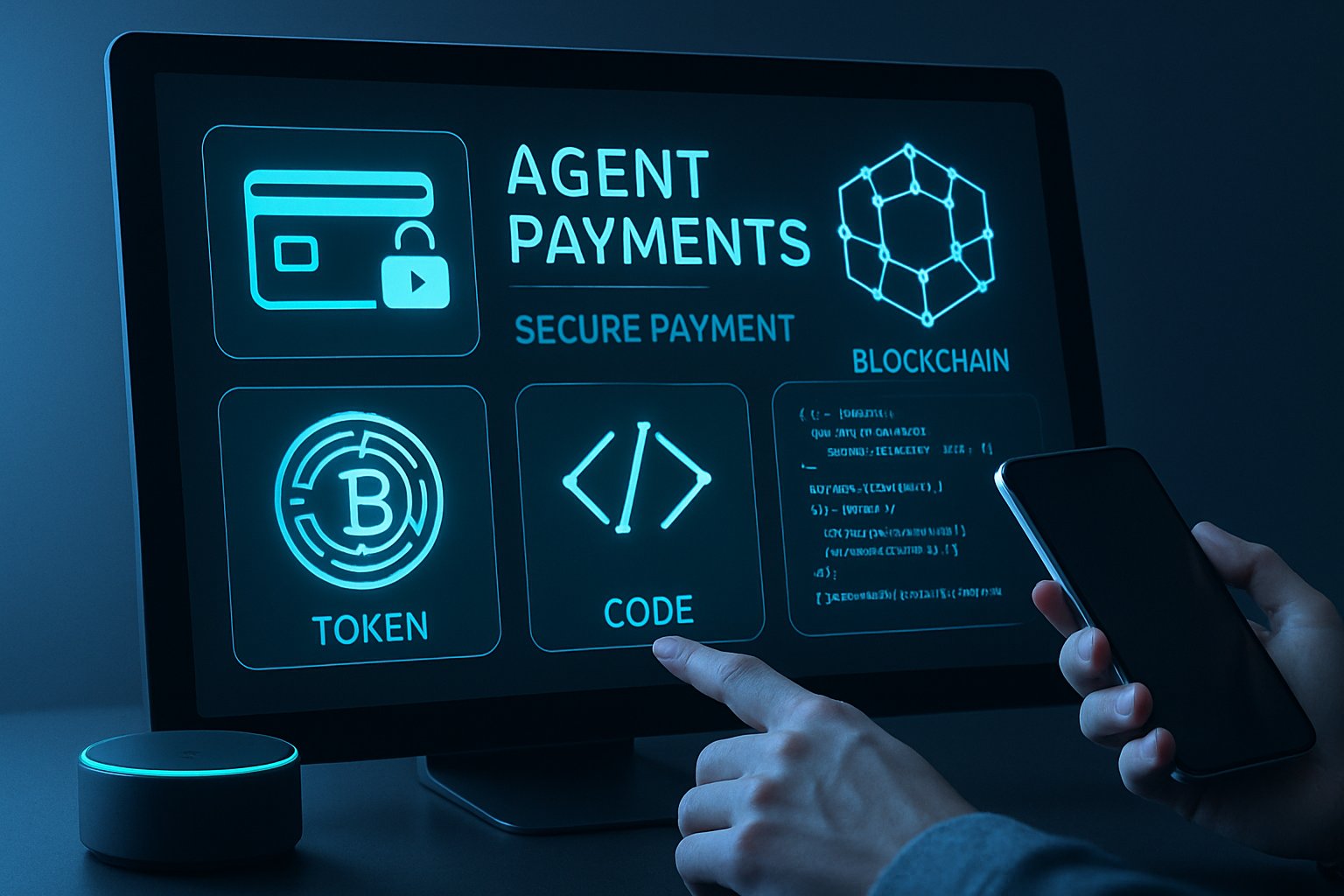 Agent Payments protocol dashboard with token transaction visuals.
