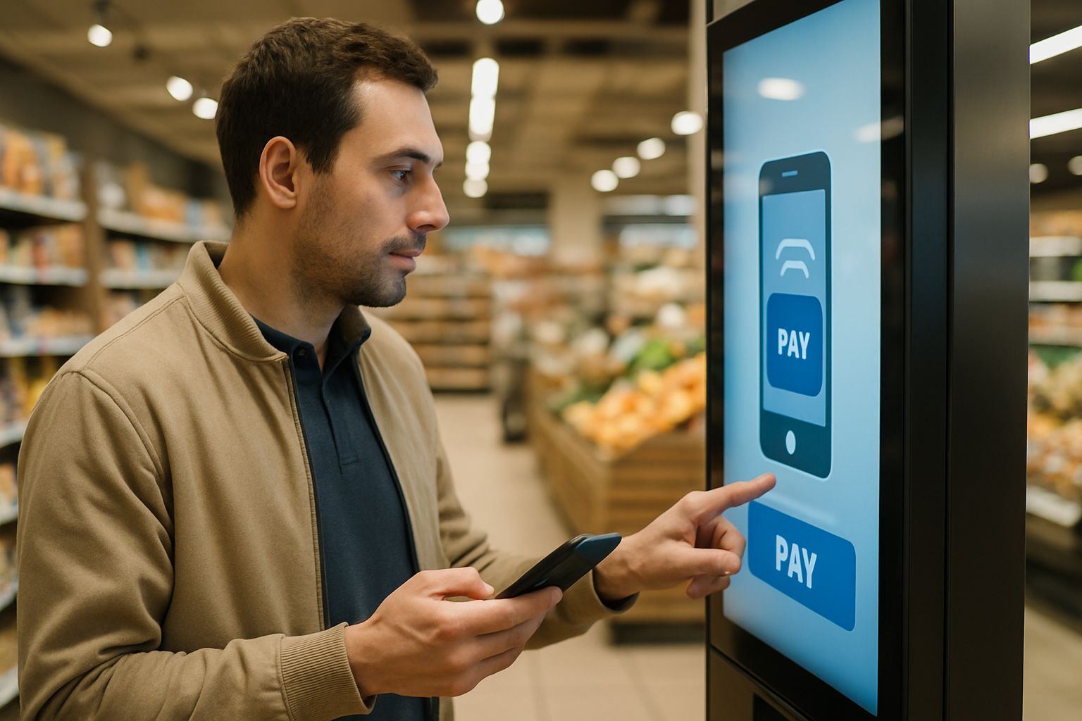 Shopper interacting with digital kiosk using Agentic Commerce platform