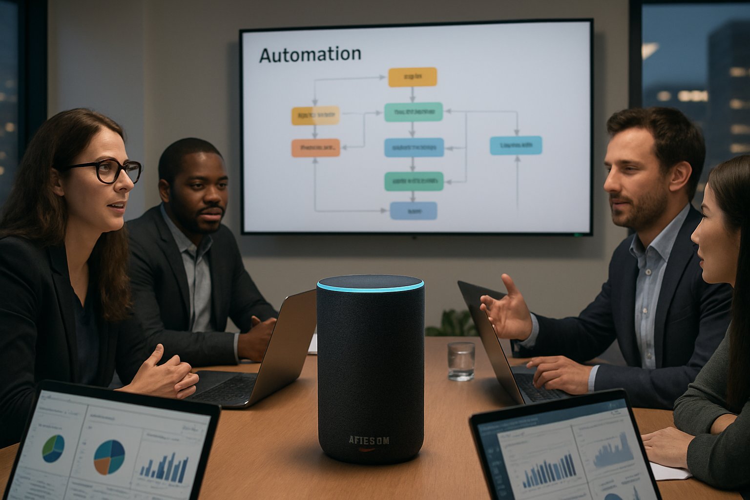 Business team using Agentic Product Alexa in office meeting