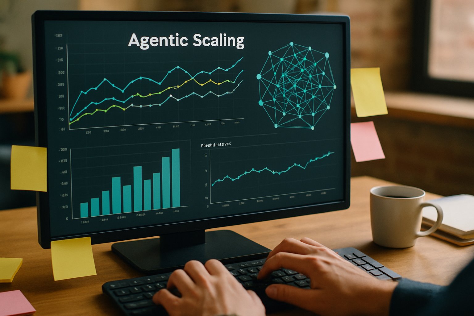 Computer screen showing Agentic Scaling network graphs and real-time metrics