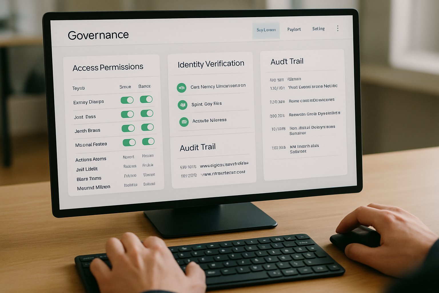 Agentic Governance Software interface controlling digital access and audit logs.