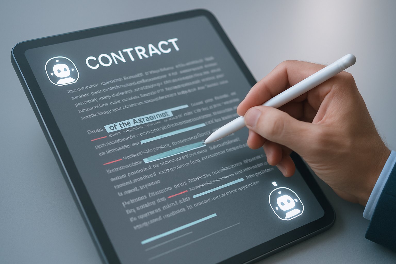 Legal Contract AI assisting lawyers with real-time document editing on a tablet