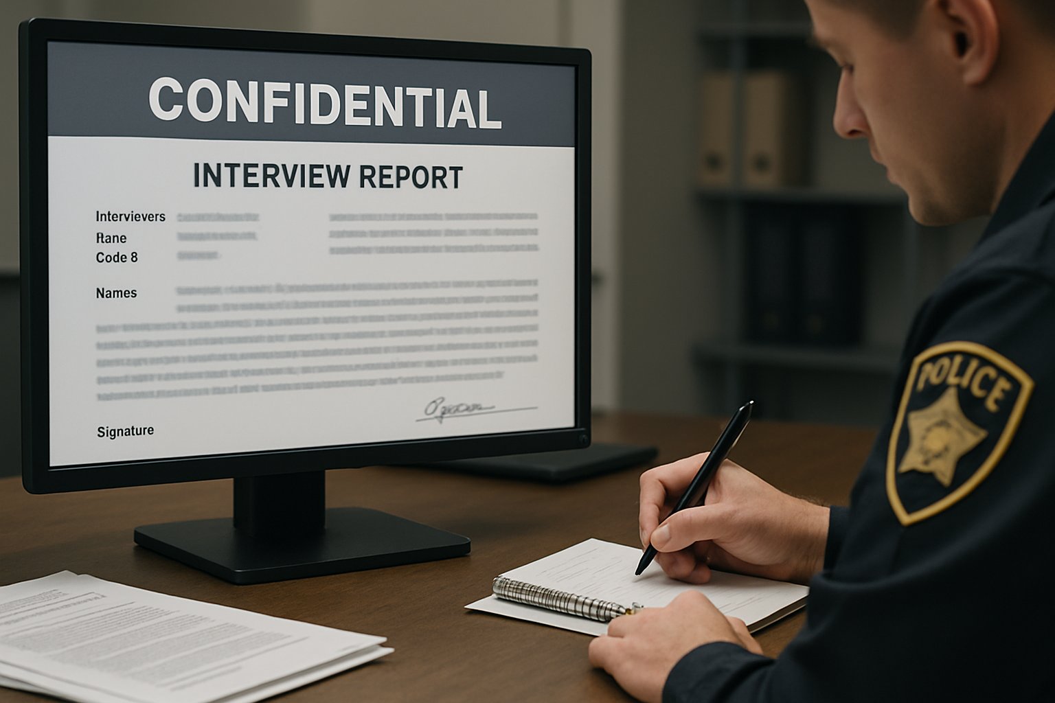 Police AI automation tool drafting interview reports on a computer monitor in a UK police office.