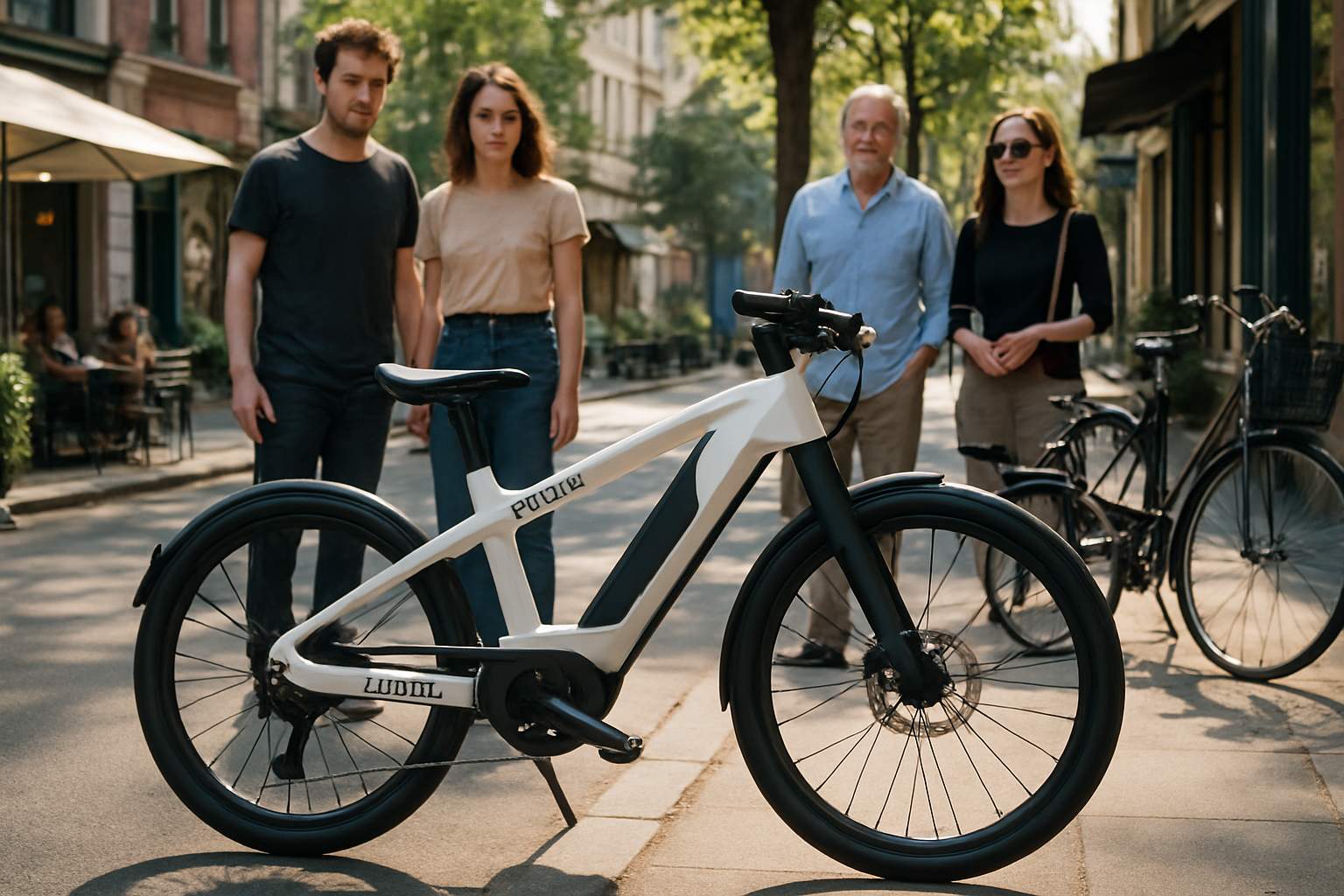 Student AI Bike stands out on a city street as pedestrians admire its design.
