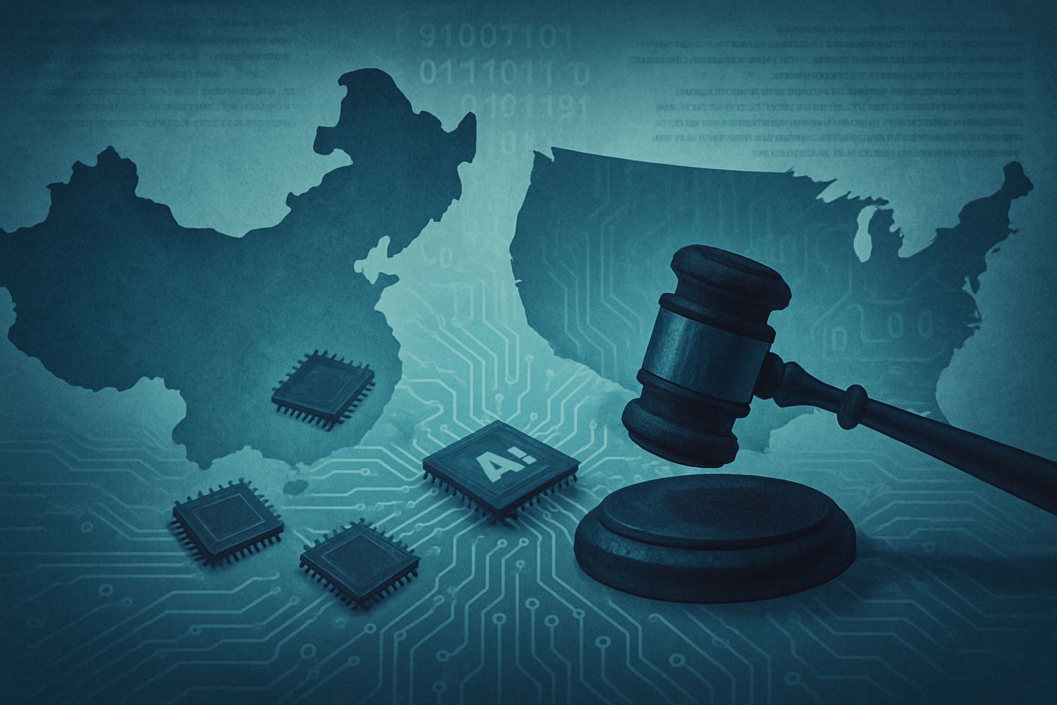 Geopolitical Tech Legal AI chip rivalry China US gavel illustration