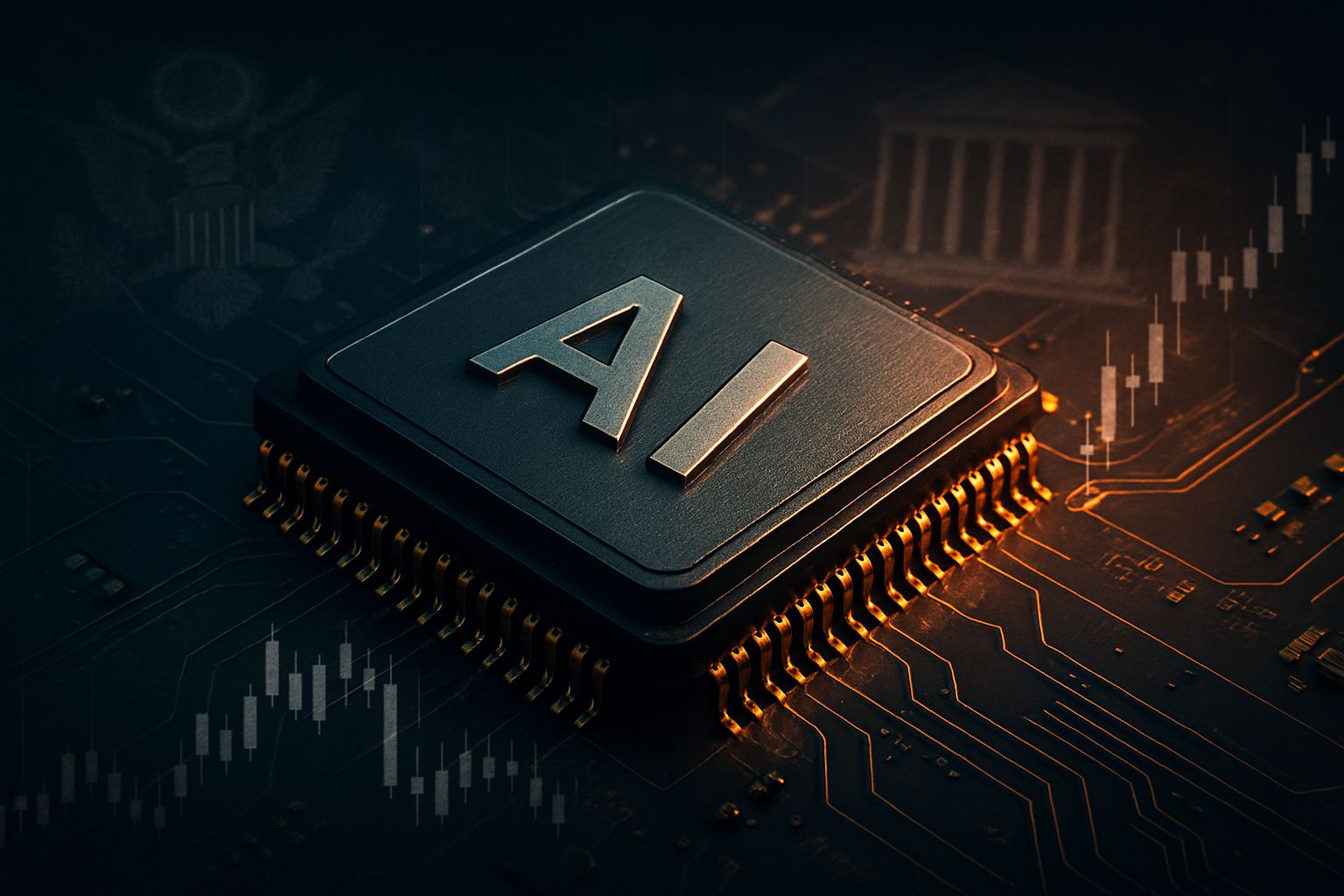 AI Chip Strategy visualized as a cutting-edge processor influenced by government and market forces.