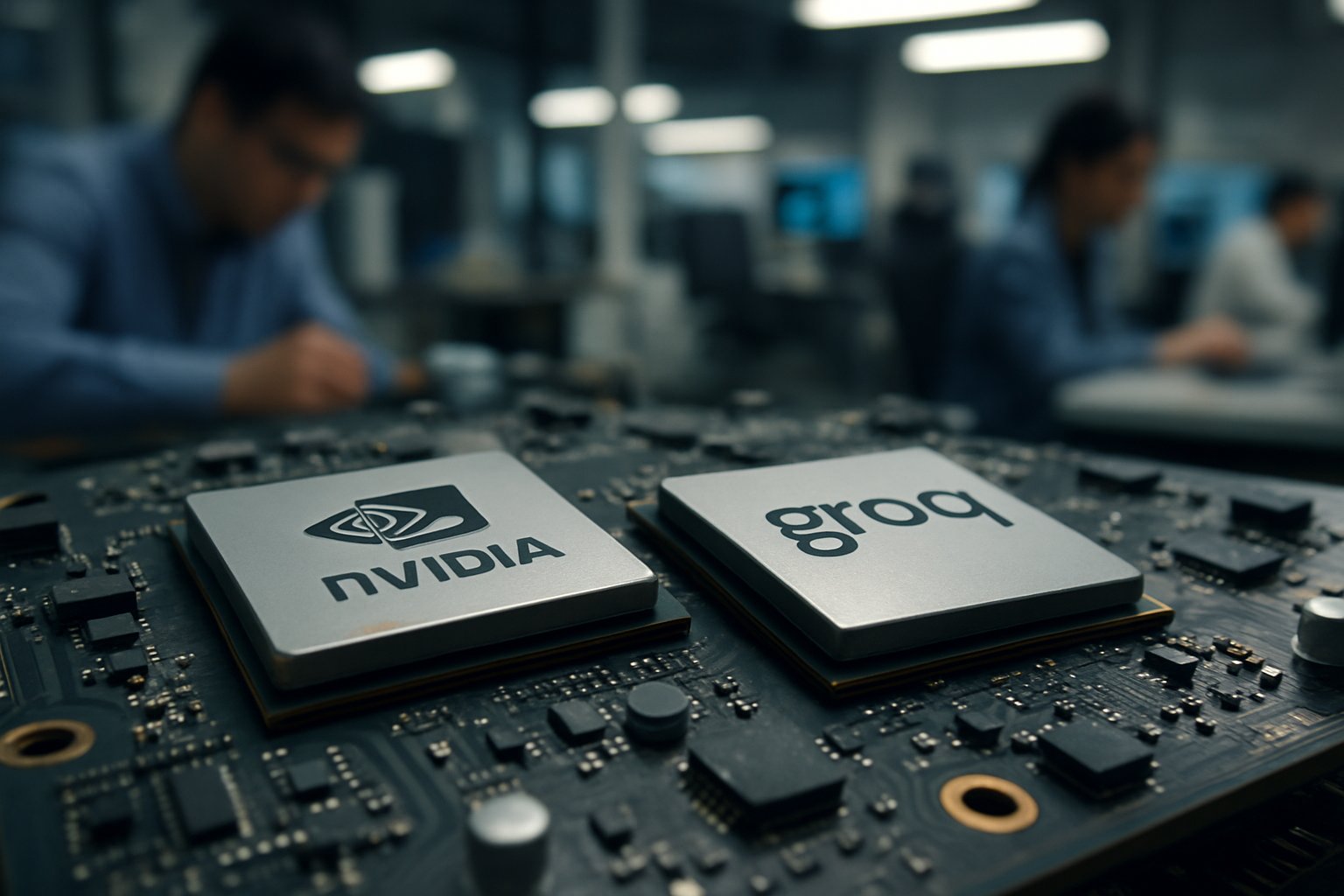 Nvidia Groq license and AI chips featured on a realistic circuit board in a lab.