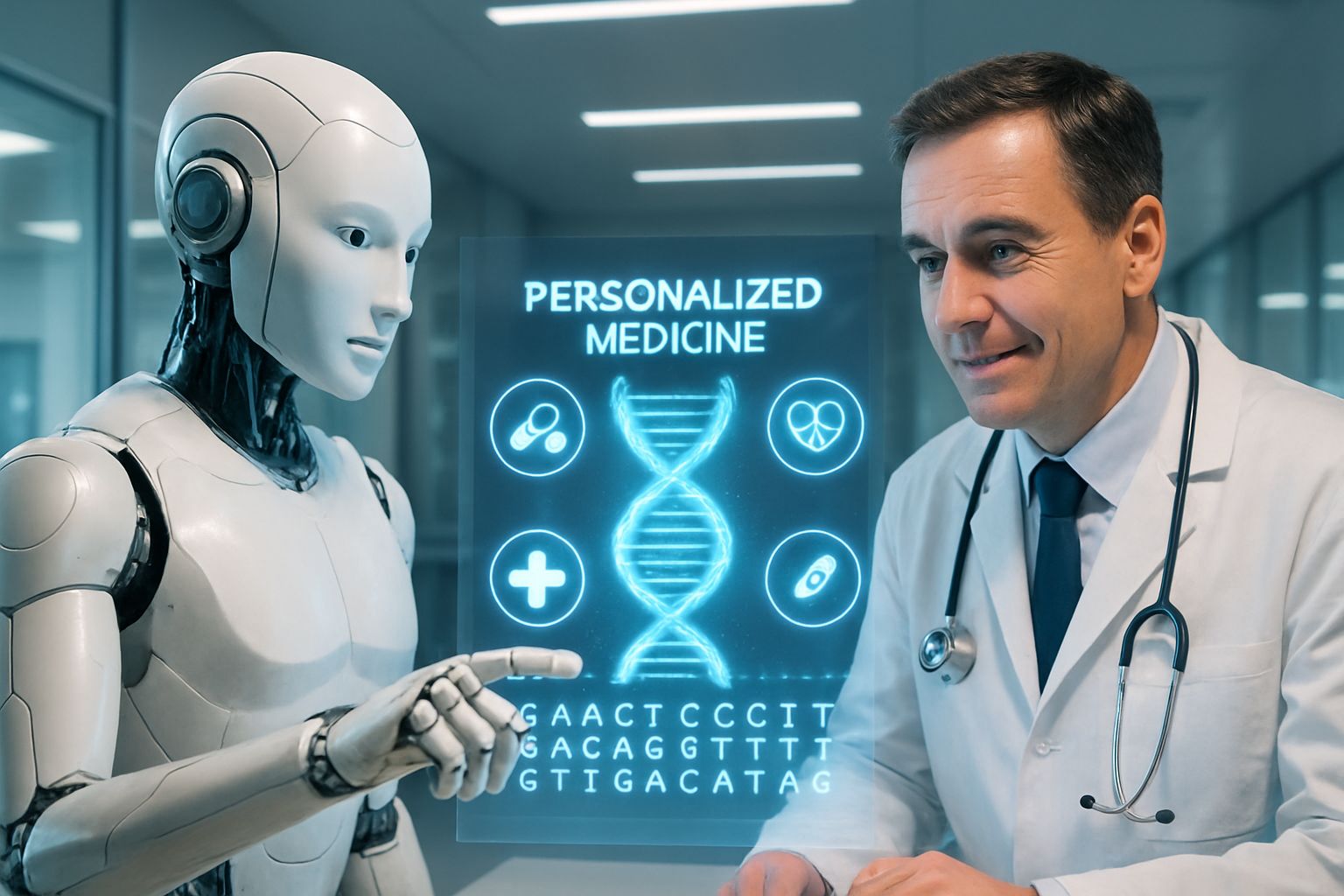 AI robot and doctor analyzing DNA for Precision Medicine advancements.