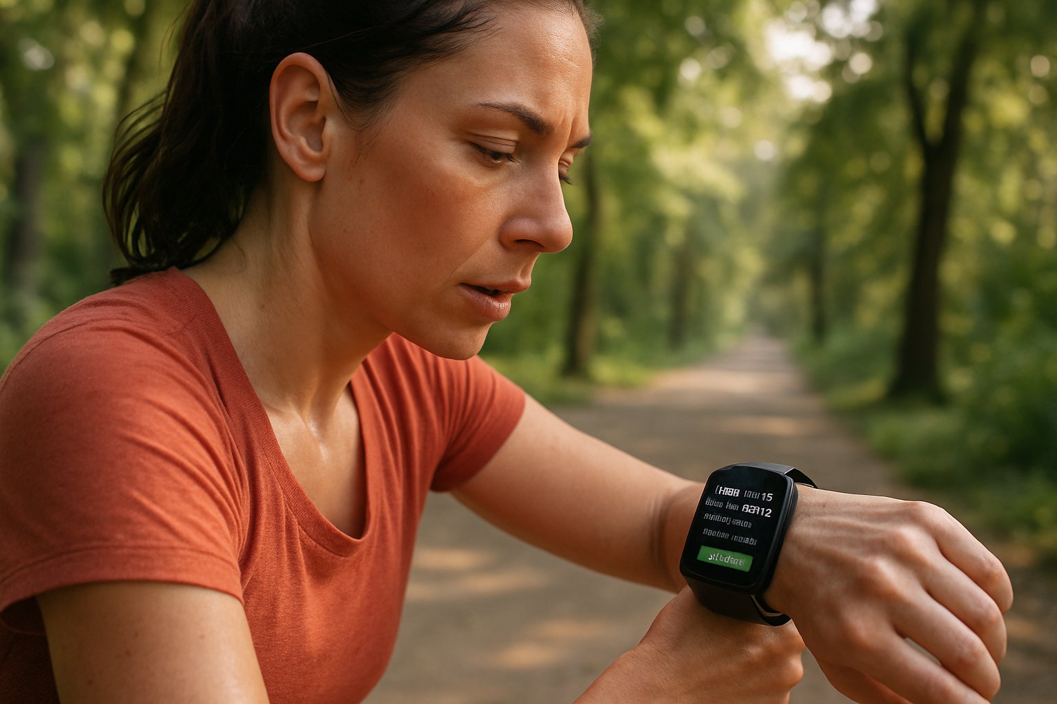 Jogger checks Fitbit AI coach coaching update in a park.
