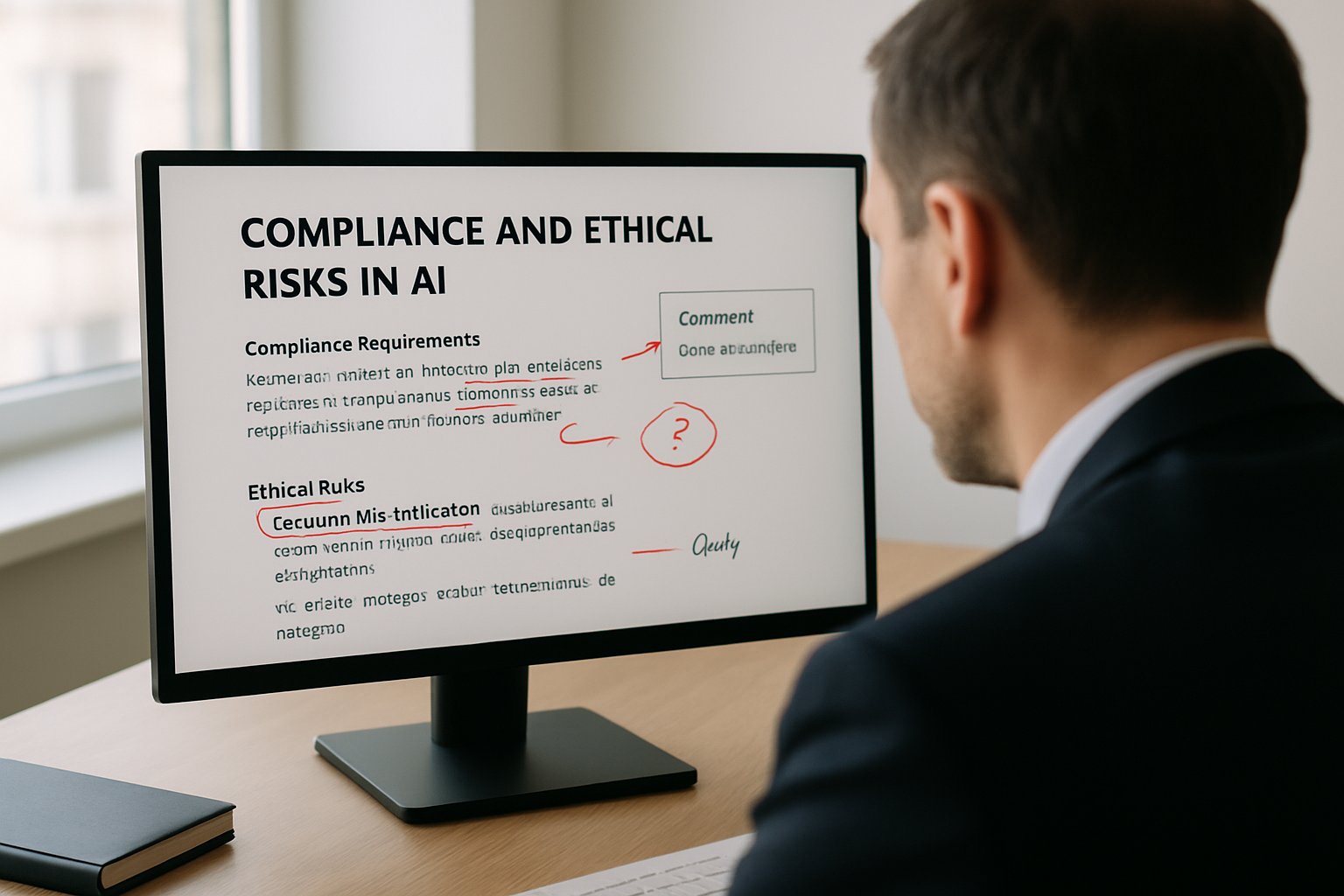 Human-Centric AI compliance and ethical risk review at workplace computer.