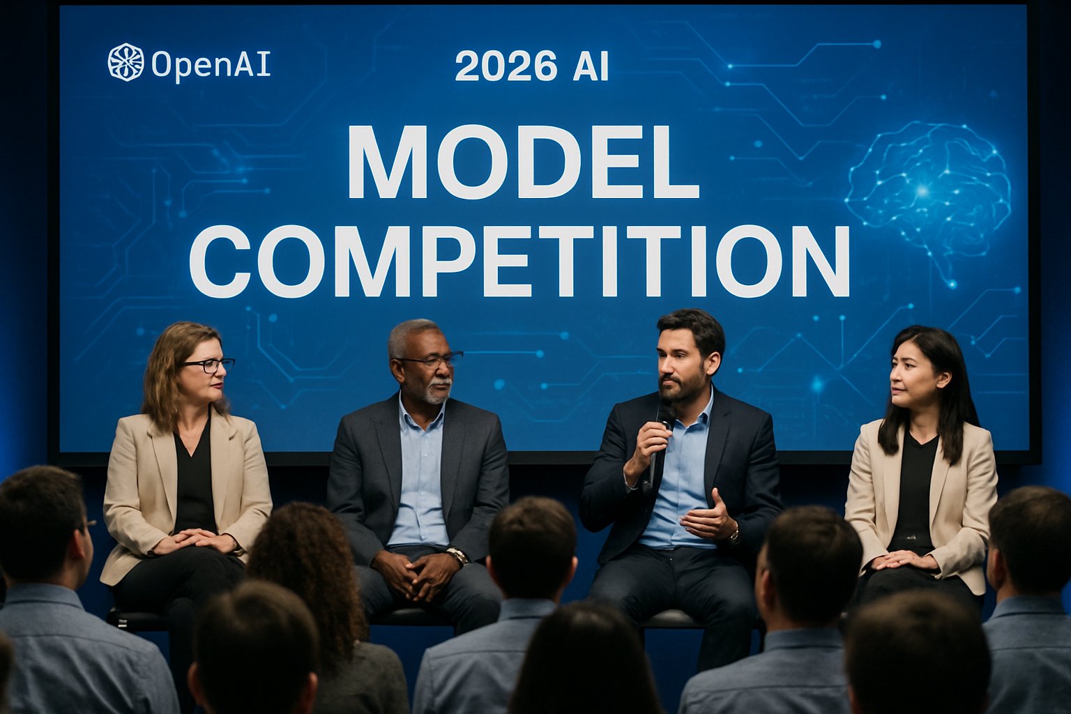 Model Competition panel discussion at an AI conference with OpenAI branding.