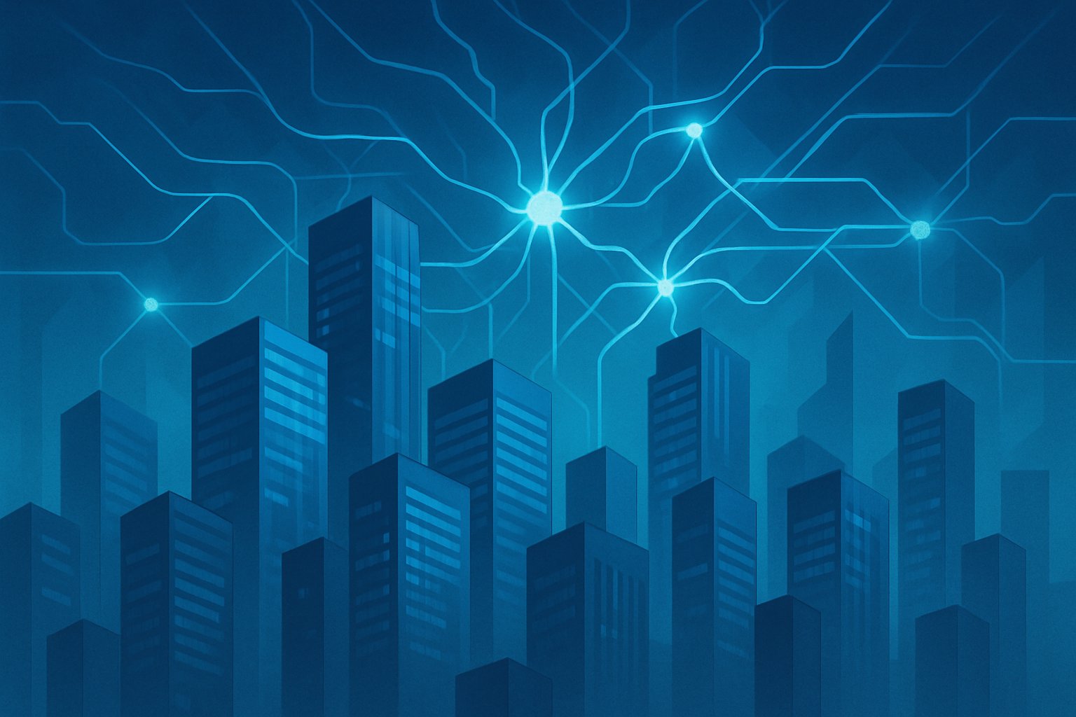 Enterprise Adoption shown as a city of businesses linked by AI neural networks.