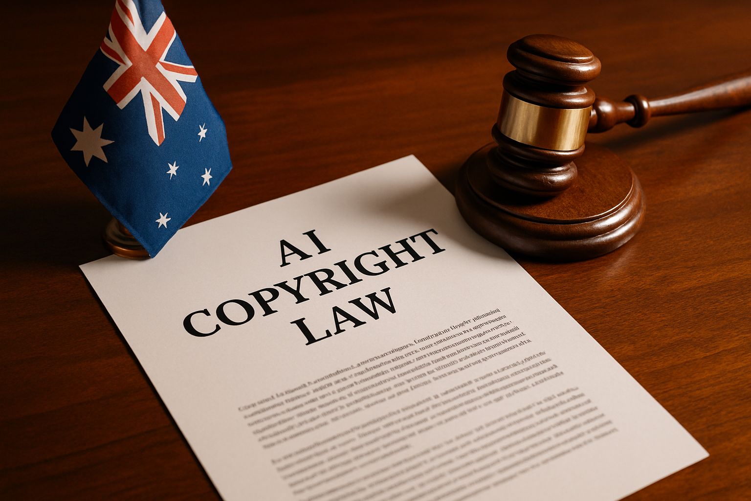 Legal document titled AI Copyright Law with Australian flag and gavel.