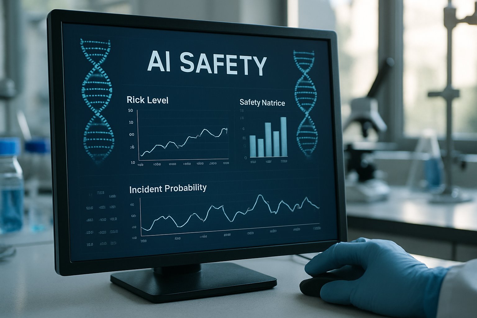 AI Biological Safety dashboard displayed on computer in biotech laboratory.