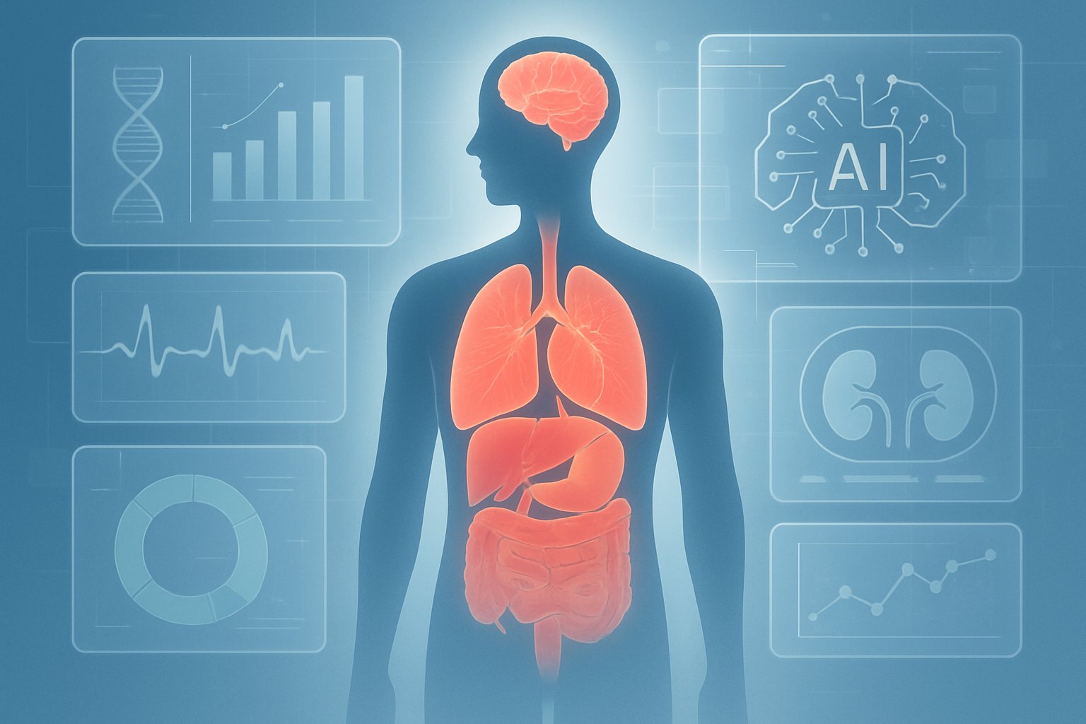 Human silhouette with organs and Precision Medicine AI digital data overlays.