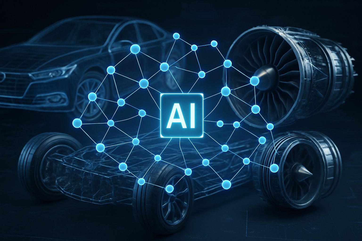 Engineering Simulation AI neural network overlays on car and jet engine designs