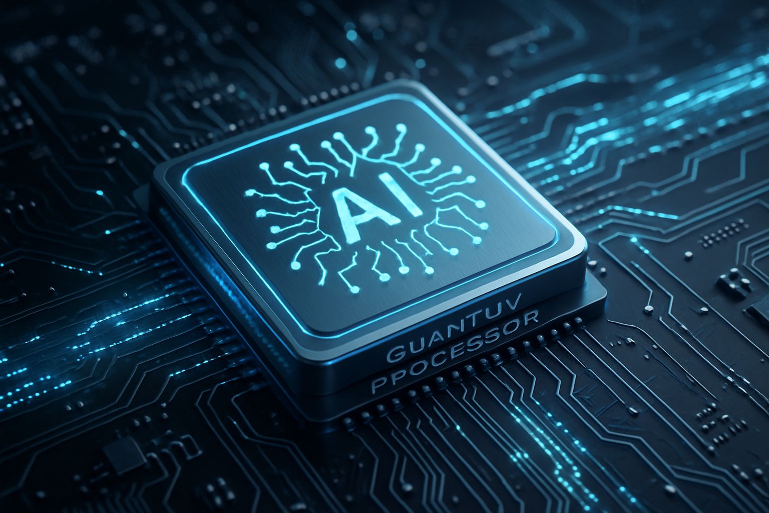 Quantum Computing AI processor chip visualizing AI-powered error correction.