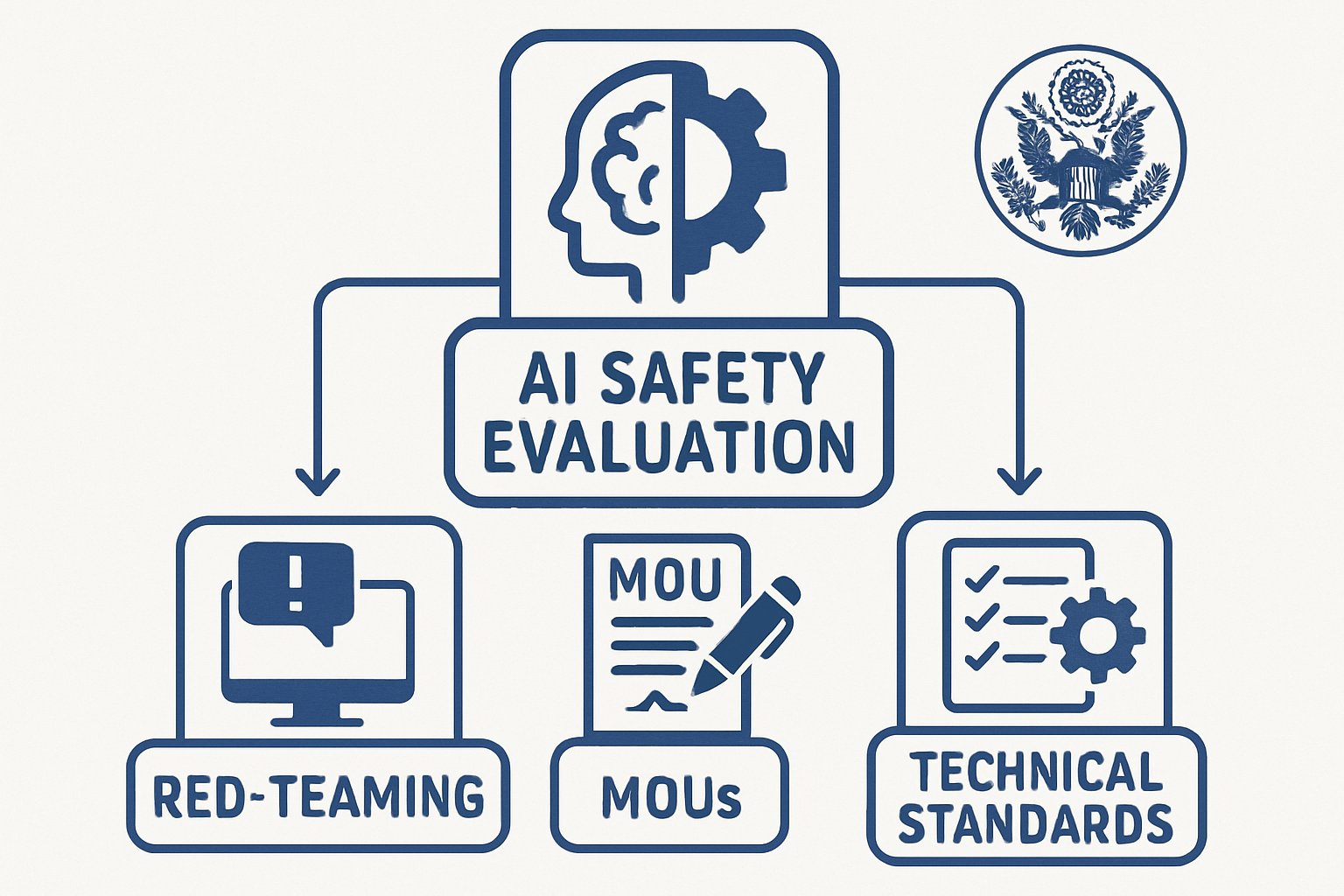 AI Safety Evaluation frameworks illustrated with process flowcharts and US standards icons.