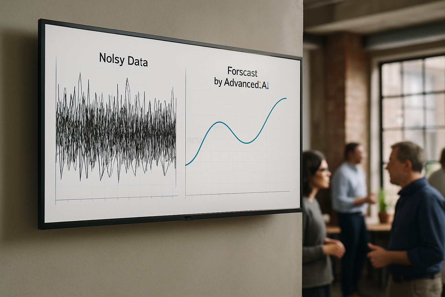 Scientific AI transforming chaotic data into clear, stable forecasts shown on a monitor.