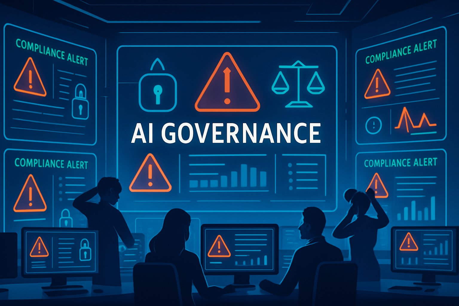 Control room with data dashboards and compliance alerts on AI Governance.