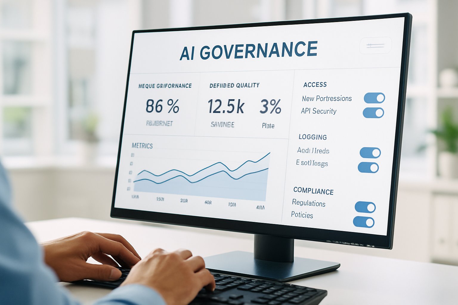 Policy Grounded AI governance metrics dashboard viewed on office computer screen.