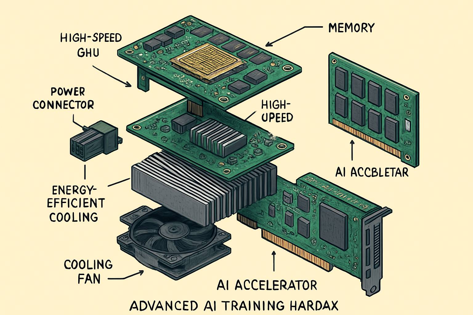 Exploded-view technical illustration showing AI Training Hardware components and features.