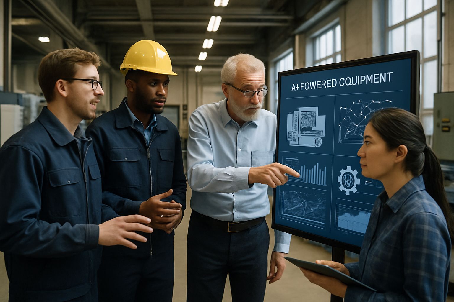 European Industrials engineers discussing AI-driven solutions on factory floor.