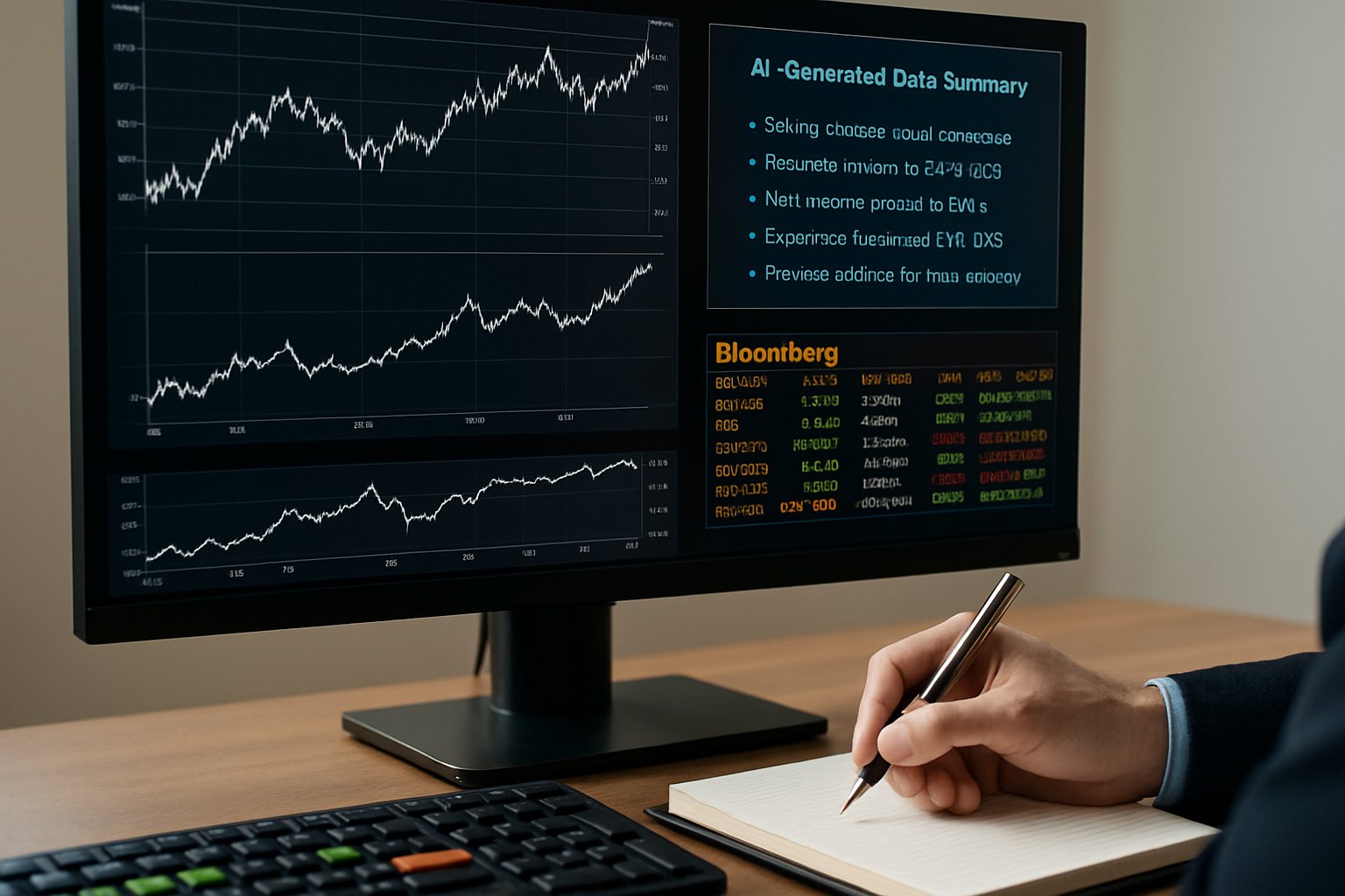Financial Analysis using AI-generated summaries on a Bloomberg terminal screen.