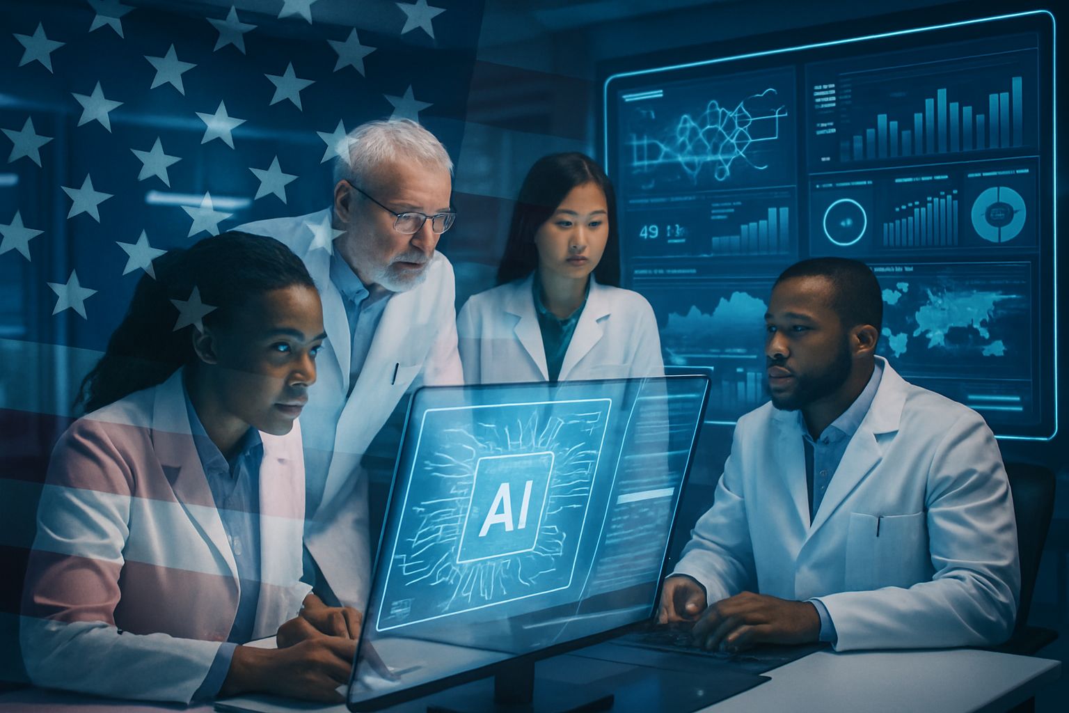 Government scientists using AI tools as part of the Federal Strategy in a lab setting.