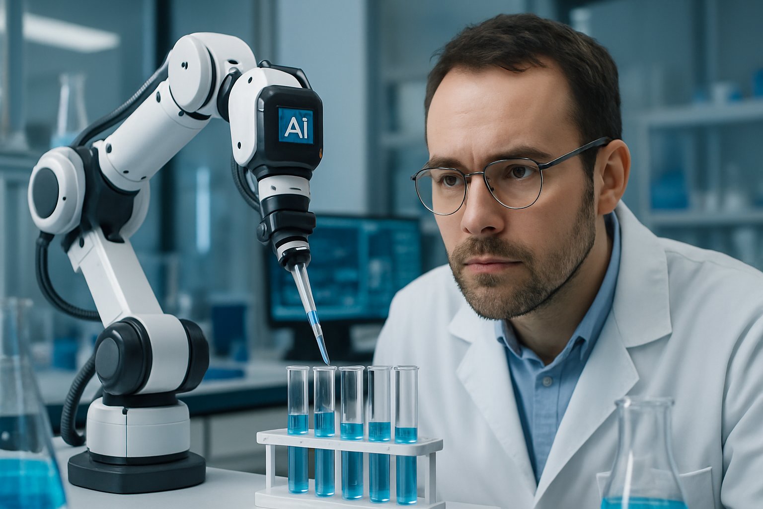 Scientist using advanced AI technology in a real laboratory for Frontier AI research.