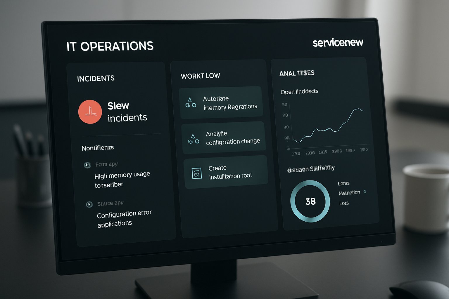 IT Operations AI automating incident workflows on a sleek ServiceNow dashboard.