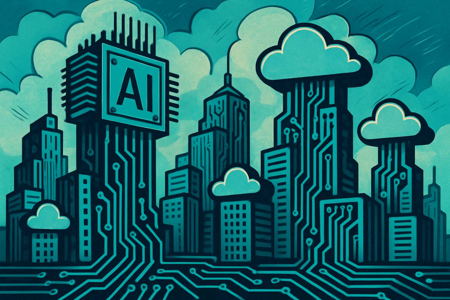 Abstract city skyline blended with AI Infrastructure elements for visual impact.