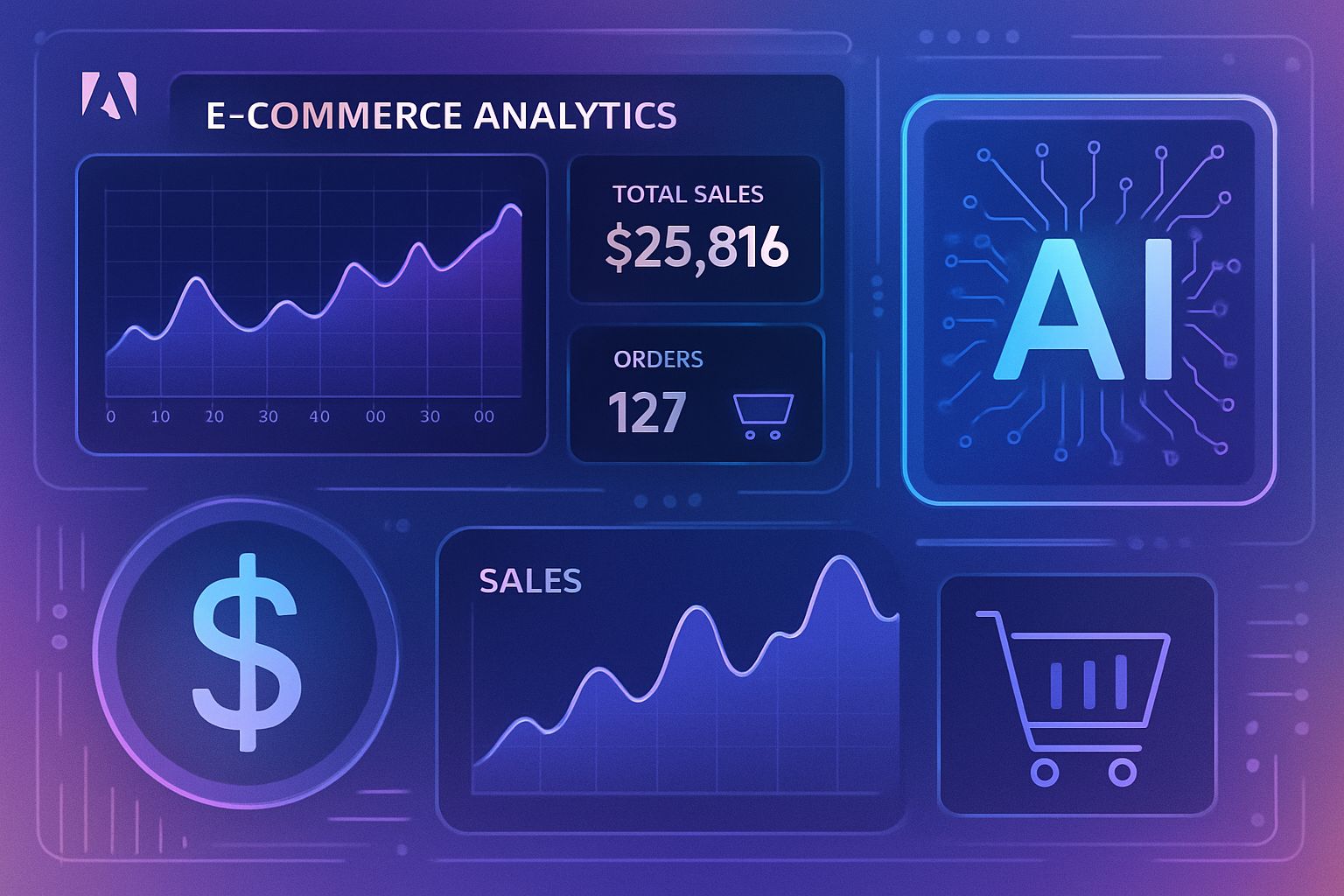 Futuristic dashboard visualizing E-commerce AI Data for retail analytics