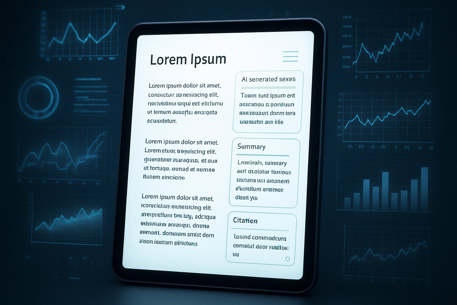 Tablet interface with Document Analysis AI highlighting citations and summaries.