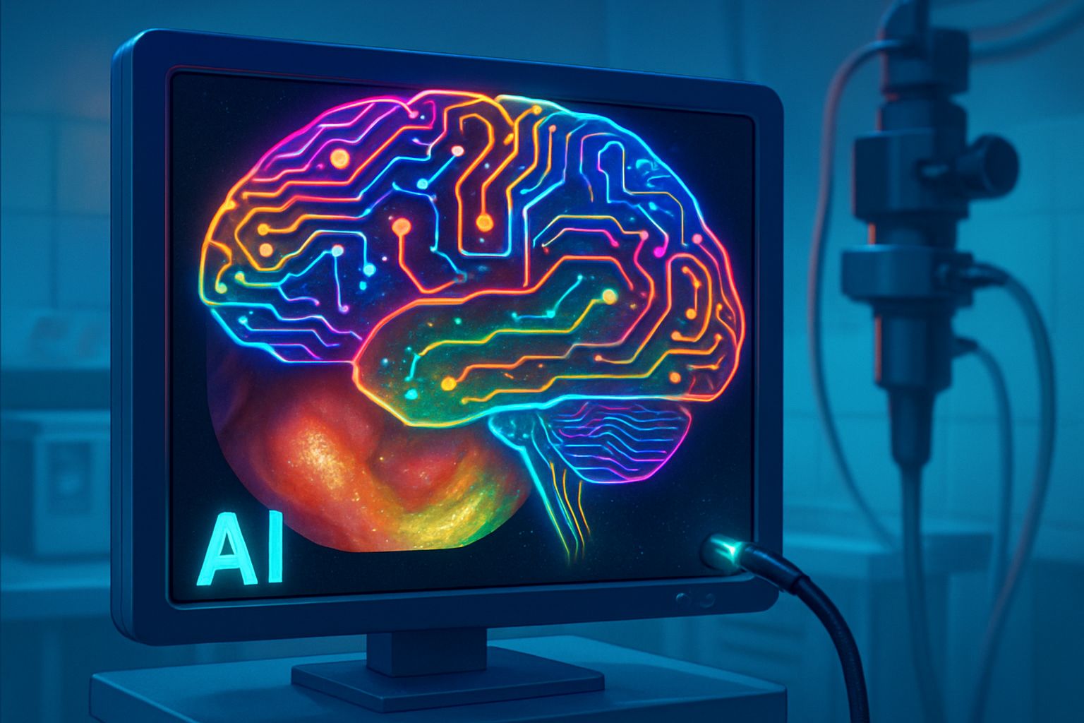 Surgical Robotics AI visualized as a digital brain enhancing endoscopic imaging technology.