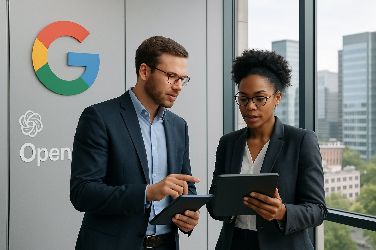 Google and OpenAI executives discussing strategy in a modern office.