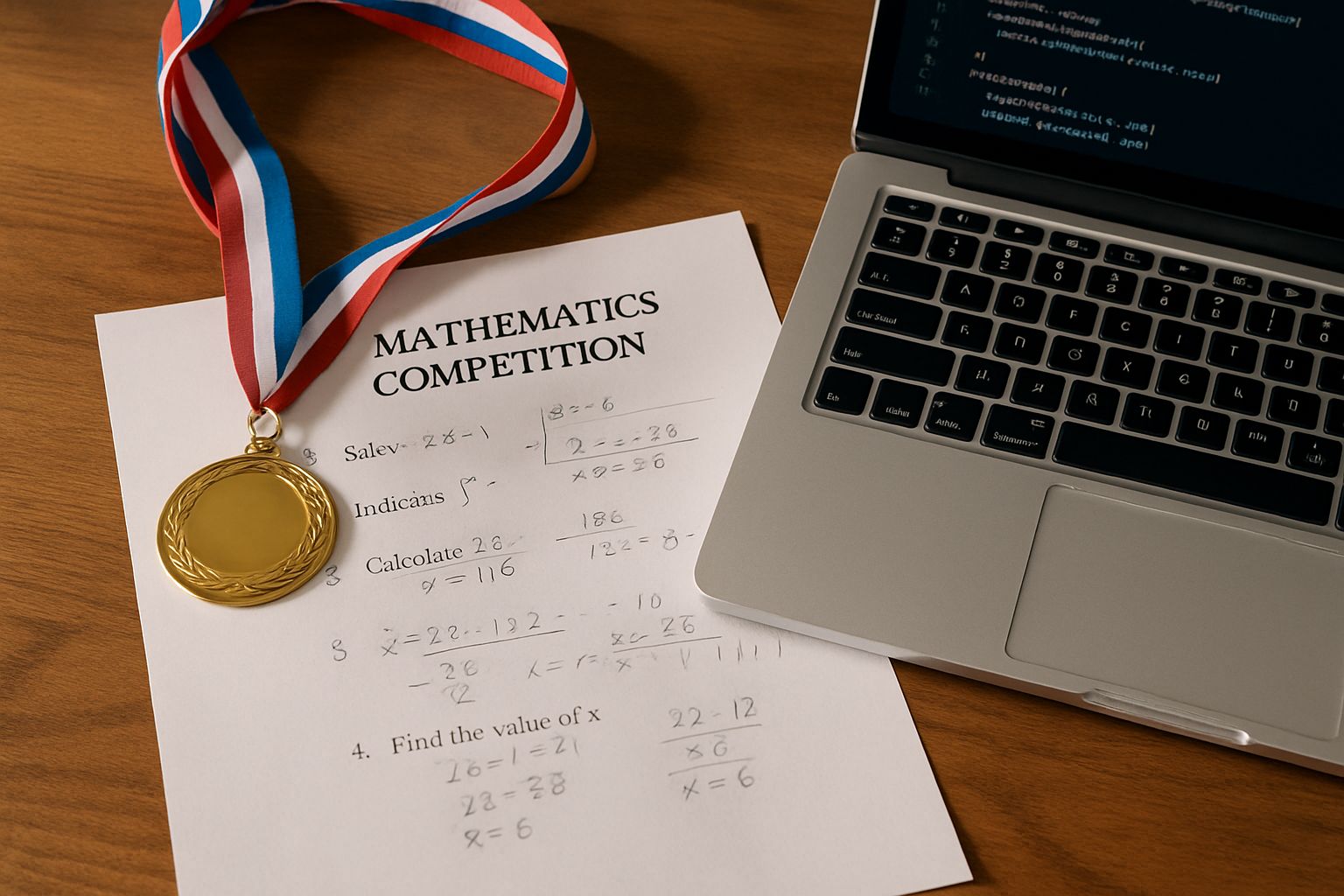 AI Mathematics Success shown with a gold medal, test papers, and code at IMO 2025.