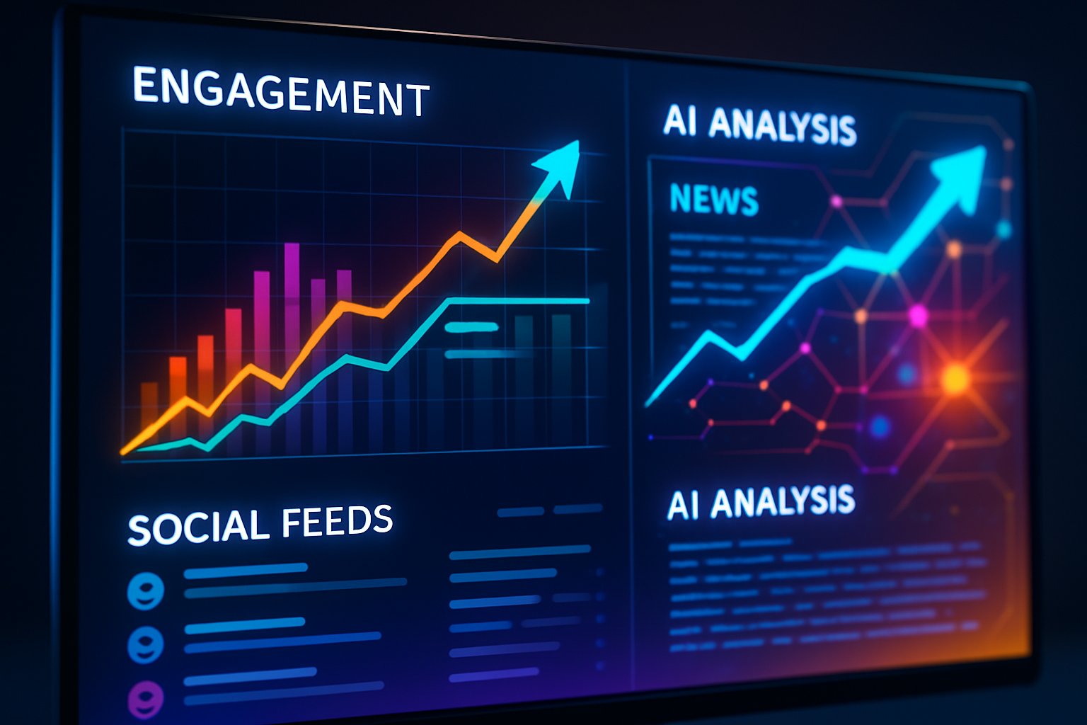 Media AI analyzing news feeds and engagement metrics on digital platform.