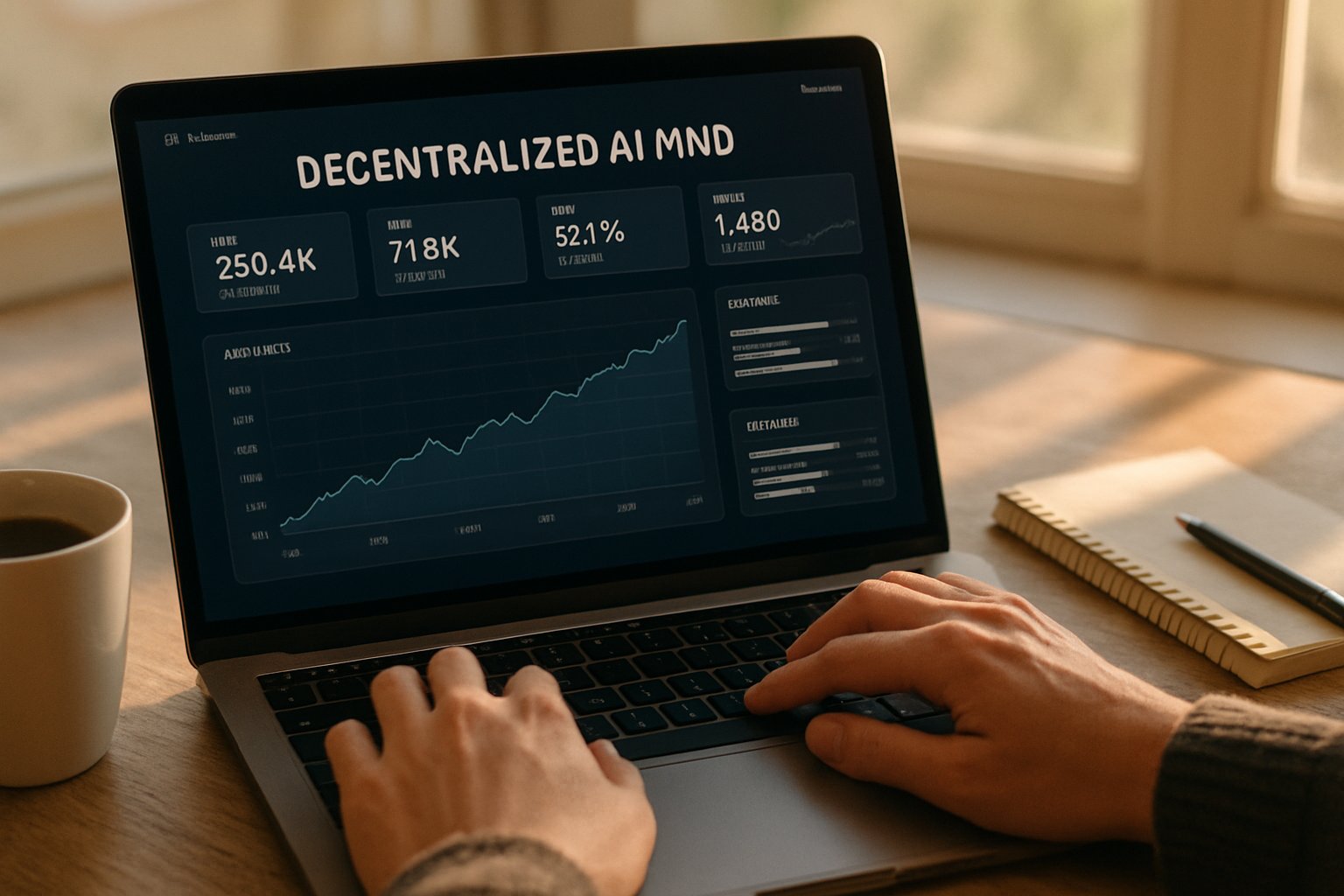 Realistic workspace analyzing Decentralized AI MND token economics.