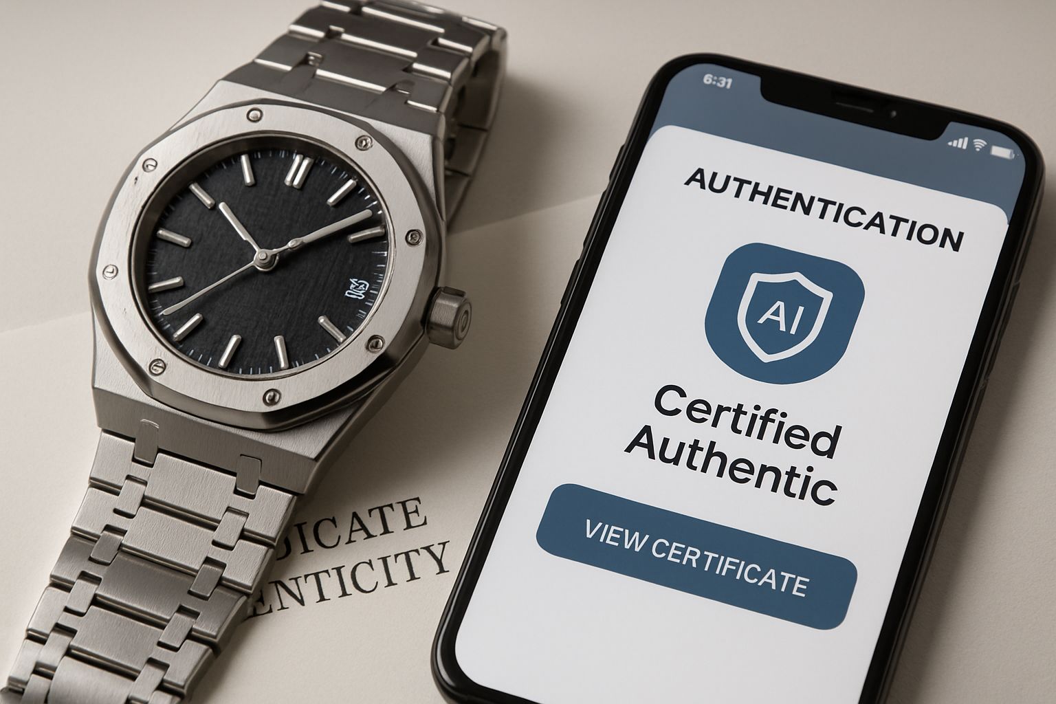 Luxury Authentication AI mobile app authenticating luxury watch with certificate