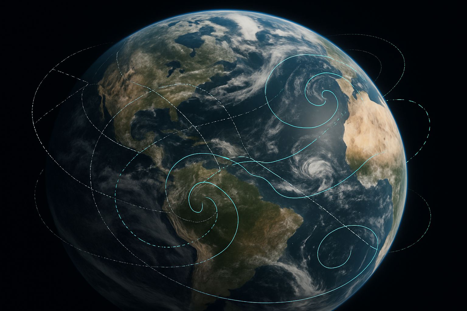 Earth satellite image with AI Weather Models forecast overlays.