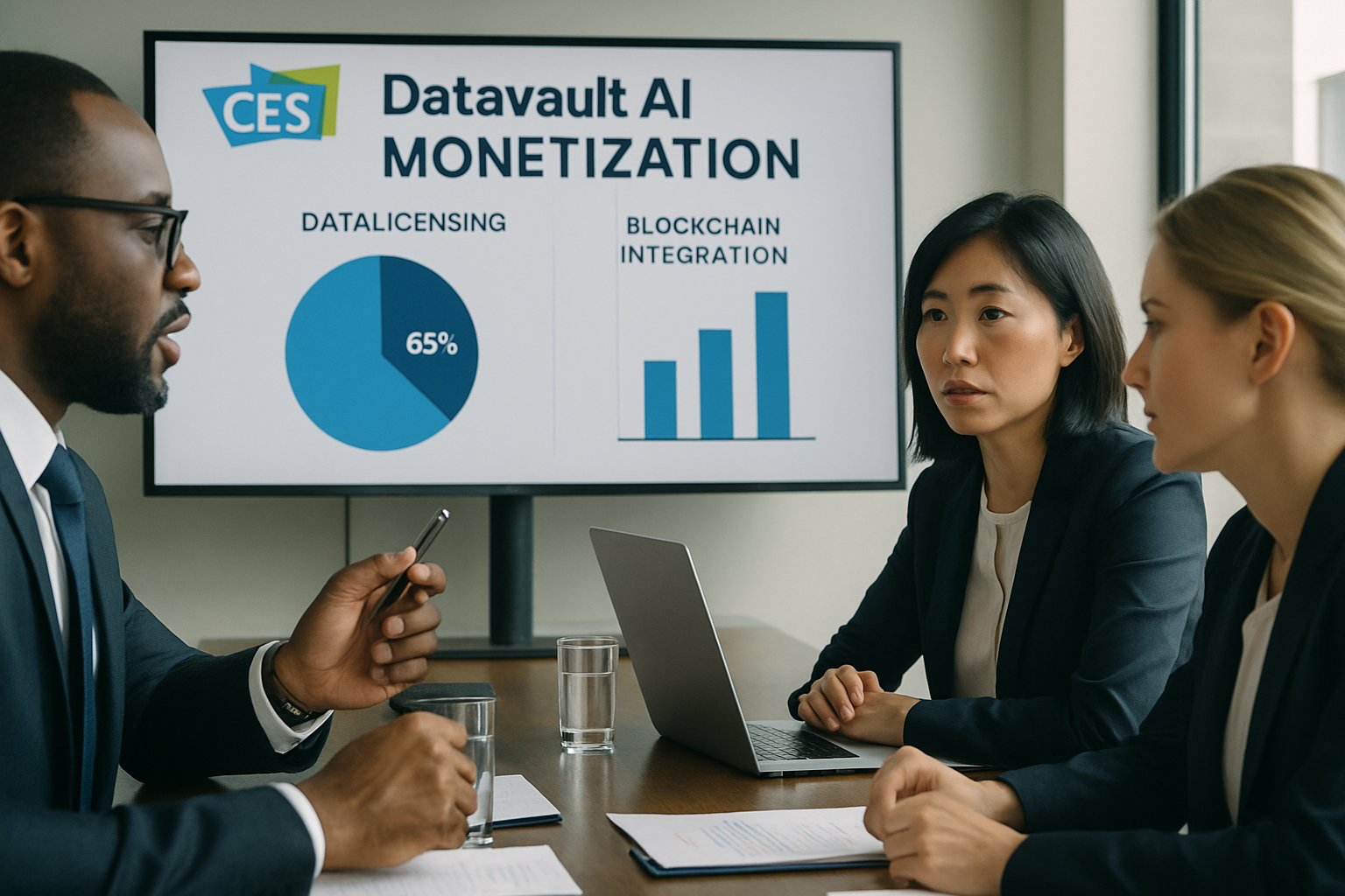 Business executives discussing Datavault AI Monetization plans during a CES 2026 meeting