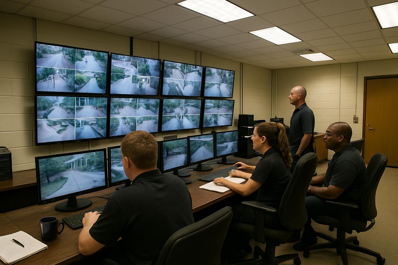 Campus Security control room with staff using AI monitoring systems