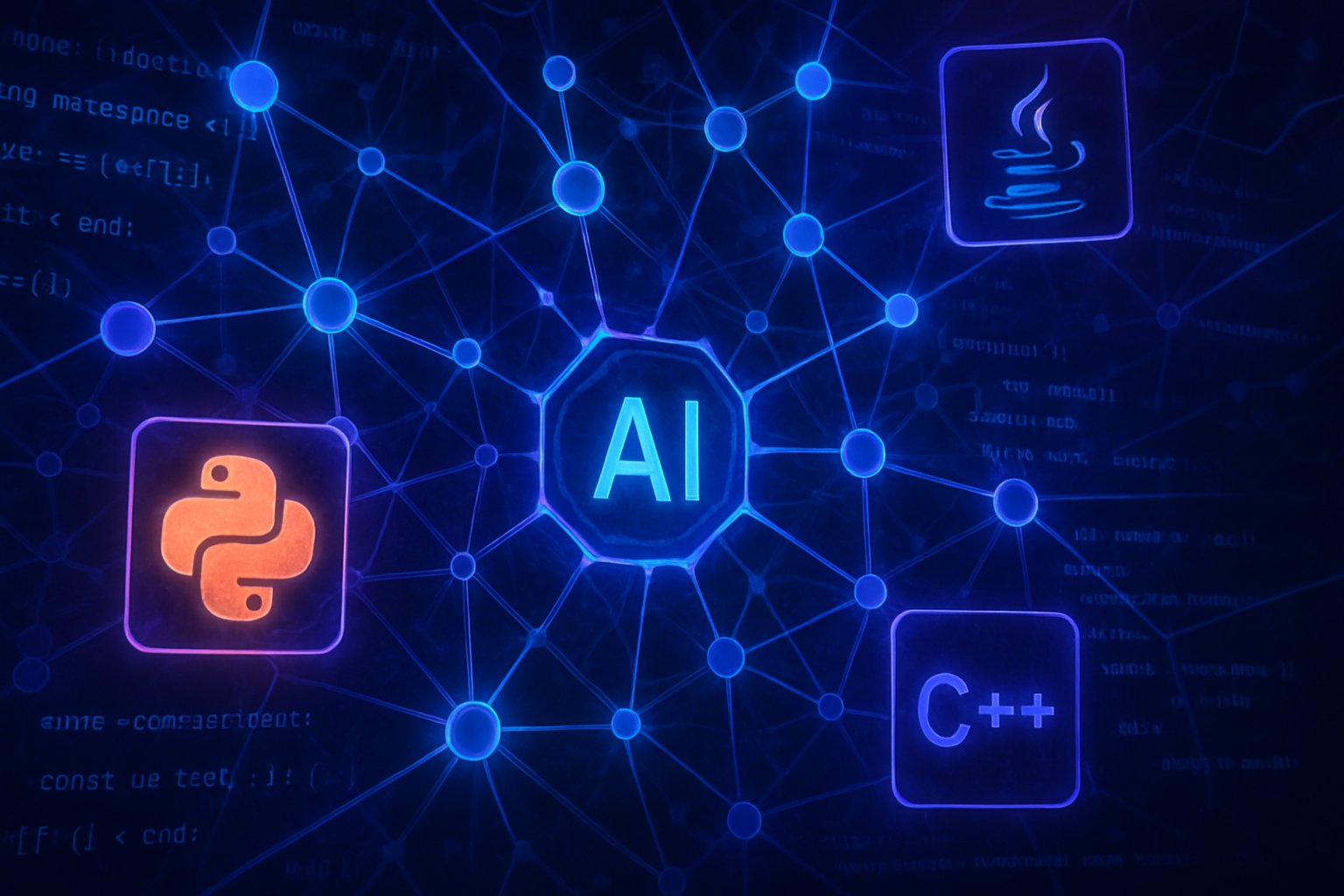 Developer AI Tools represented by neural networks and programming icons linked together.